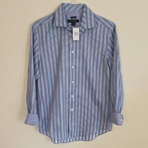 Pronto Uomo Men's Blue and Grey Striped Dress Shirt